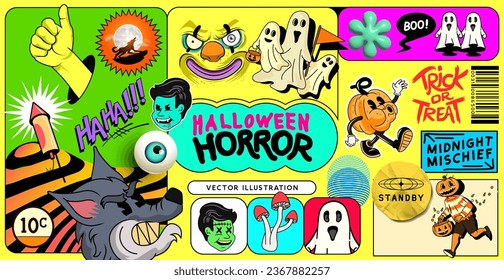 A fun collection of Halloween stickers and monsters! Vector illustration.