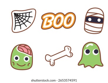 Divertida coleção de ícones temáticos de Halloween com uma teia de aranha, texto de Boo, múmia, fantasma, tratamento cerebral e conceito de design de personagem ósseo