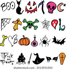 A fun collection of Halloween-themed icons, including pumpkins, ghosts, bats, skulls, and more spooky symbols in colorful hand-drawn designs on a white background.