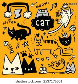 Fun collection of hand-drawn cat doodles with various expressions, playful text, and cute icons on a bright yellow background
