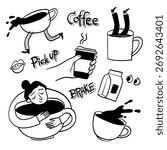 A fun collection of hand-drawn coffee-themed doodles. This set includes various icons like coffee mugs, coffee beans, a 