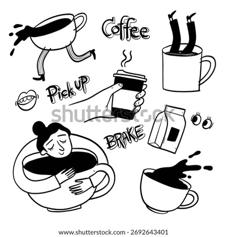 A fun collection of hand-drawn coffee-themed doodles. This set includes various icons like coffee mugs, coffee beans, a 'pick up' sign, 'coffee' lettering, a person relaxing in a mug, and a coffee