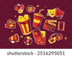 Fun Collection of Movie Night Icons. Perfect for Cinema and Entertainment Designs. Popcorn, Tickets, 3D Glasses, Film Reel, and Clapperboard. Isolated Flat Vector Art.