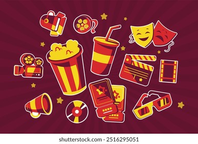 Fun Collection of Movie Night Icons. Perfect for Cinema and Entertainment Designs. Popcorn, Tickets, 3D Glasses, Film Reel, and Clapperboard. Isolated Flat Vector Art.