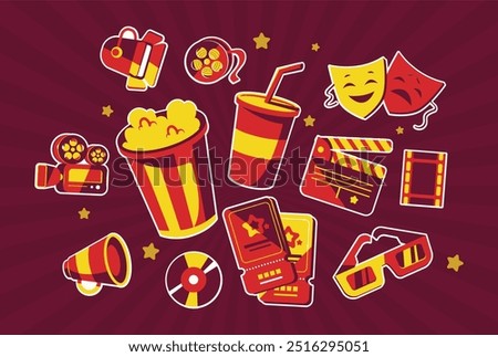 Fun Collection of Movie Night Icons. Perfect for Cinema and Entertainment Designs. Popcorn, Tickets, 3D Glasses, Film Reel, and Clapperboard. Isolated Flat Vector Art.