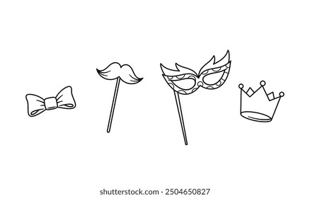 Fun Collection Of Party Props Featuring Bow Tie, Moustache And Masquerade Mask On A Stick And Crown, Vector Illustration