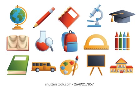 A fun collection of school-related items including a globe, pencils, books, backpack, school bus, and lab tools. Great for education-themed crafts and designs