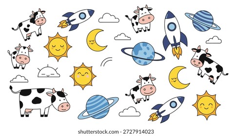 Divertida colección de ilustraciones temáticas espaciales con vacas en trajes, cohetes, planetas, soles, lunas y nubes.