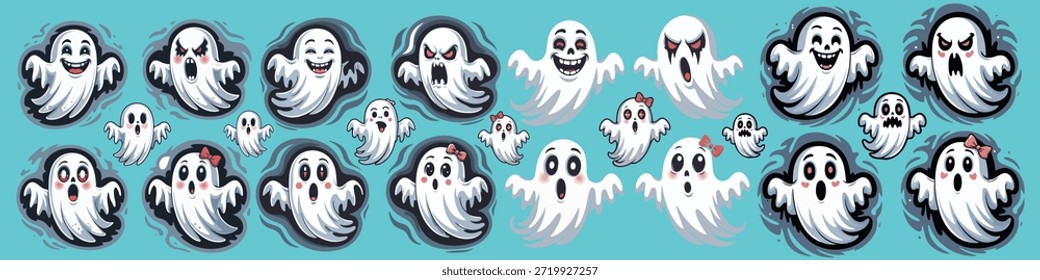 A fun collection of spooky ghost illustrations with various facial expressions. Perfect for Halloween-themed designs, digital stickers, and eerie yet cute spooky artwork.