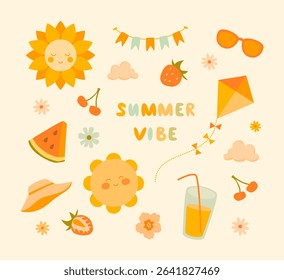 Fun collection with summer atmosphere in warm yellow, beige, red tones. Cheerful smiling suns, slice of watermelon, juice in a glass, kite, sunglasses. Great for stickers, packaging, pin, kids print