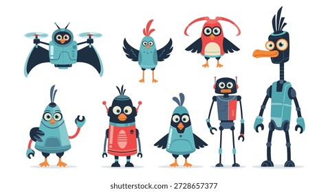 Divertida colección de varios robots de aves de dibujos animados con diferentes diseños y colores, incluido un pájaro dron y un pájaro de cuello largo.
