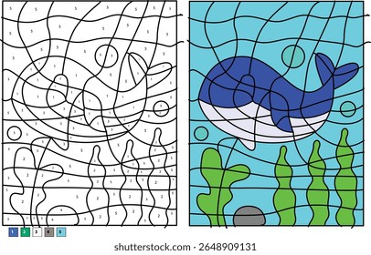 Fun Color by Number Ocean Theme Featuring a Cute Blue Whale, Ideal for Children's Creative Activities, Learning, and Development.