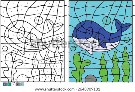 Fun Color by Number Ocean Theme Featuring a Cute Blue Whale, Ideal for Children's Creative Activities, Learning, and Development.