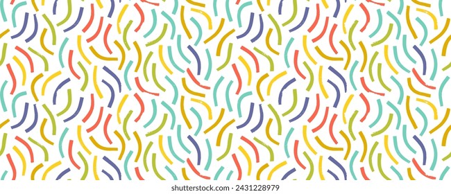 Fun colored doodle lines seamless pattern in Memphis childish style. Creative abstract squiggle style drawing background for children. Simple colorful squiggles and simple curved brush strokes.