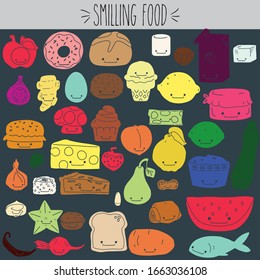 Fun colored fruit and vegetable with smiling face illustration. Breakfast food, bread, cheese, egg and  jam sketch. Dessert, cupcake, ice cream and donuts drawing. Cheese burger, fish sushi and pasta.