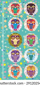 fun colored owls on blue background Children height meter wall sticker, kids measure. Vector
