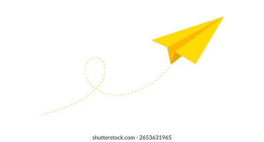 Fun colored paper airplane with dotted lines. Hand-drawn airplane. Travel symbol, vector illustration. Isolated on a white background.