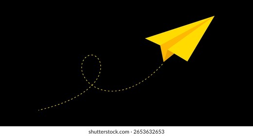 Fun colored paper airplane with dotted lines. Hand-drawn airplane. Travel symbol, vector illustration. Isolated on a black background.