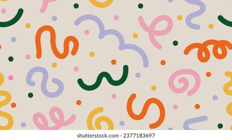 Fun colorful abstract background in doodle style. Simple childish scribble backdrop. Creative minimalist hand drawn pattern with bright cute elements. Random confetti, swirls, bundles and dots.