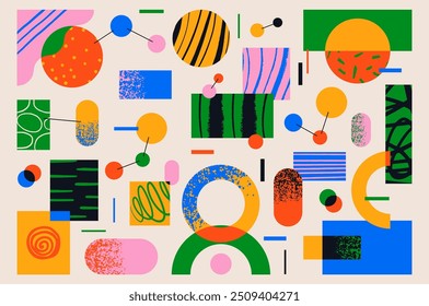 Fun colorful abstract background with geometry figure. Simple playful design with hand drawn overlay shapes