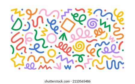 Fun colorful abstract line doodle shape set. Creative minimalist style art symbol collection for children or party celebration with modern shapes. Simple upbeat childish drawing scribble decoration. - Shutterstock ID 2110565486
