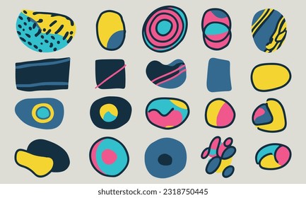 Fun colorful abstract line doodle shape set. Creative minimalist style art symbol collection for children or party celebration with modern shapes. Simple upbeat childish drawing scribble decoration.