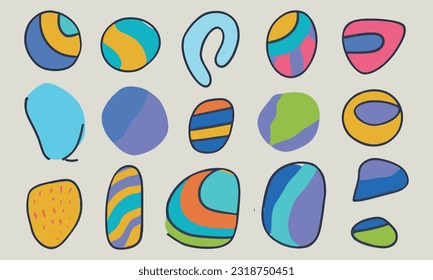 Fun colorful abstract line doodle shape set. Creative minimalist style art symbol collection for children or party celebration with modern shapes. Simple upbeat childish drawing scribble decoration.