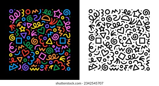 Fun colorful abstract line doodle shape background. Creative minimalist style art symbol set for children or party celebration with modern shapes. Simple upbeat drawing scribble decoration.