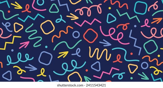 Fun colorful abstract line doodle shape seamless pattern. Minimalist style art for children or party celebration with modern shapes. Simple childish drawing scribble decoration.