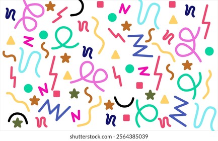 fun colorful abstract line doodle shape set. colorful doodle art seamless pattern background design on white background. creative minimalist style art symbol collection for children.
