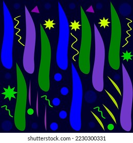 Diseño divertido y colorido de fiesta abstracta con círculos, formas de gusanos, estrellas, confetti y círculos