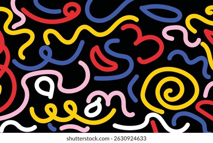 Fun Colorful Abstract Wavy Line Design. Modern Abstract Background Wavy multicolor Ribbon Lines. Fun colorful line abstract doodle seamless pattern
