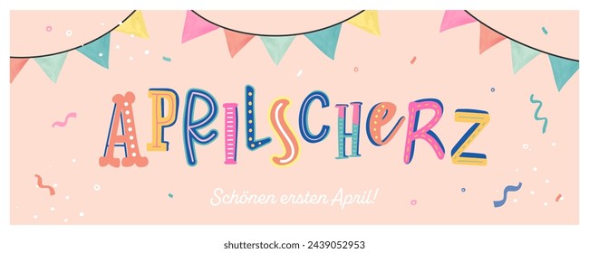 Fun and colorful April Fools' design in german language saying "April Fool's trick", detailed Typography and party background, great for web banners, wallpapers, greeting cards - vector design