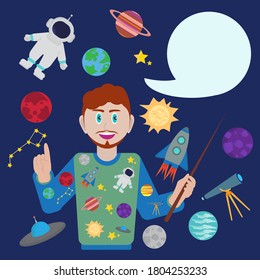 Eine lustige und bunte Astronomie-Unterrichtsillustration. Ein Lehrer mit einem Zeiger und einem hellen Pullover. Um eine Reihe von Astronauten, Mars, Merkur, Mond, Teleskop, Sterne. Vektorgrafik für Studien, 