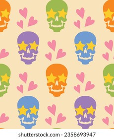 Fun colorful backdrop with colorful human skulls, stars, and hearts. Cute lovely seamless vector pattern. Funky design for parties. 