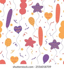 A fun and colorful balloon pattern with star, heart, and oval shapes in purple, orange, and yellow tones. Featuring confetti, swirls, and floating strings, perfect for parties or festive designs.