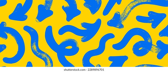 Fun colorful bold arrows seamless pattern. Brush drawn grunge style background with geometric elements, curved bold lines. Thick brush strokes. Different blue arrows sign on yellow background.