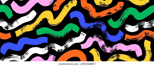 Fun colorful bold brush lines doodle seamless pattern. Hand drawn banner design background with grunge curved and wavy lines in Memphis style. Childish colored geometric background.