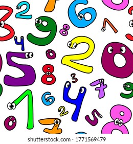 Fun and colorful bright seamless pattern. An endless pattern. Numbers with eyes. Graphics on a children's theme. Training, invoice. Pre-school and school education. initial class. Kindness