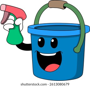 Fun and colorful cartoon illustration of a smiling blue cleaning bucket character holding a spray bottle.
