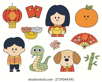 Divertidas y coloridas ilustraciones de dibujos animados que capturan la esencia del Año Nuevo Lunar, con símbolos y personajes que celebran la tradición y la alegría.