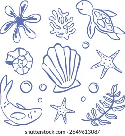 Fun and colorful cartoon line art illustration featuring sea animals and ocean elements, including a sea turtle, shark, starfish, shell, coral, seaweed, and bubbles. Perfect for children's designs