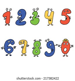 Fun colorful cartoon numbers with eyes, hands and feet. Vector collection