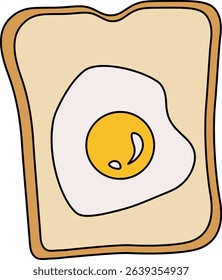 A fun and colorful cartoon-style icon of a slice of toast topped with a fried egg. 