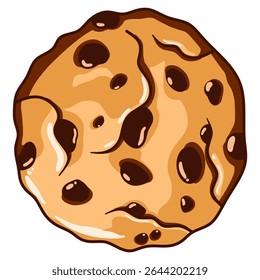 A fun and colorful cartoon-style illustration of a chocolate chip cookie, with a golden brown texture and glossy chocolate chunks. Perfect for bakery designs, dessert-themed artwork, menu decorations,