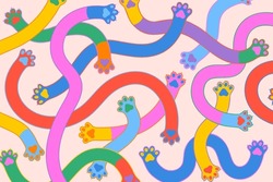 Fun Colorful Cat Paw Doodle. Seamless Patern With Long  Leg And Arm Cat.  Creative Style For Design Product, Banner, Fabric, And Wrapping.