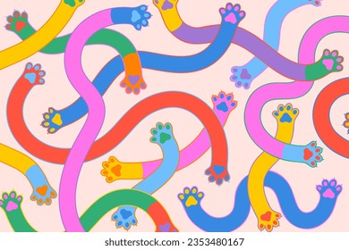 Fun colorful cat paw doodle. Seamless patern with long  leg and arm cat.  Creative style for design product, banner, fabric, and wrapping.