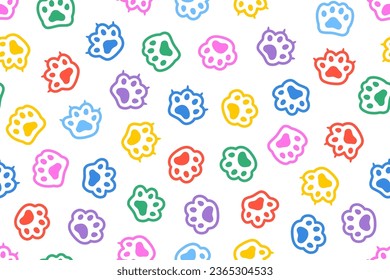Fun colorful cat paw doodle. Seamless pattern with cat footprint.  Creative minimalist style art background for children. 