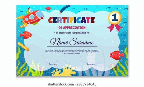 Fun Colorful Certificate Template for Kids. Sea Theme