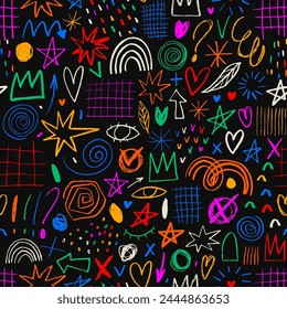 Fun colorful charcoal line doodle seamless pattern. Hand drawn crayon or pencil-drawn shapes and doodles. Simple childish scribble wallpaper, punk style drawings. Vector creative various shapes.